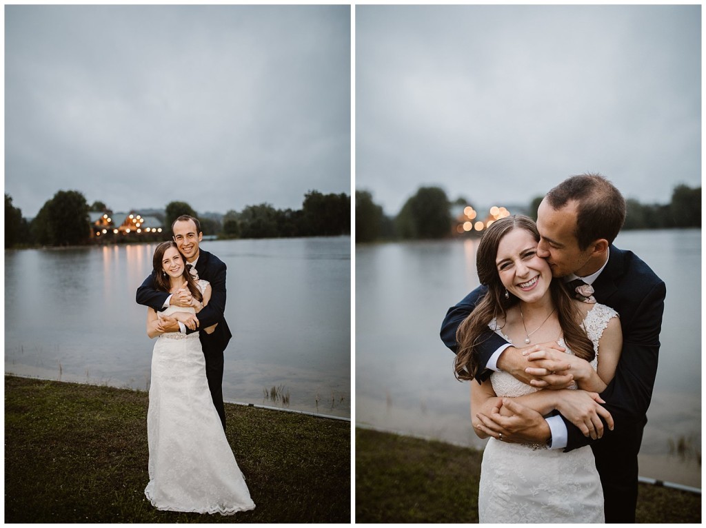 bride in groom in rain