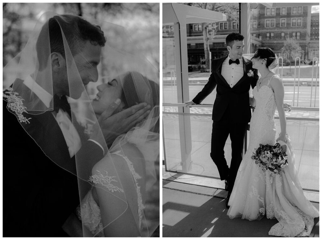 bride and groom posing at bus stop