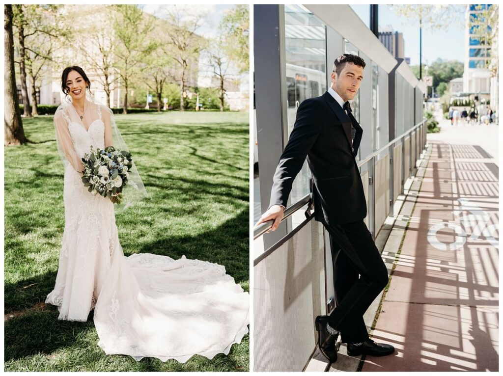 bride and groom posing at bus stop