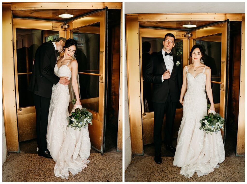 bride and groom at revolving doors