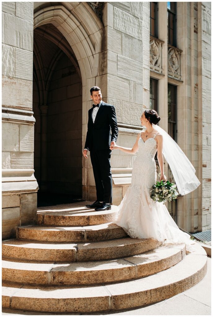 bride and groom at cathedral of learning