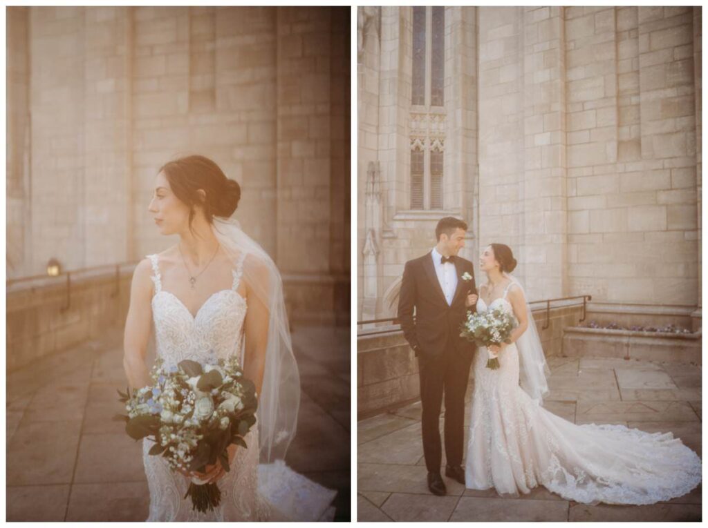 bride and groom at cathedral of learning