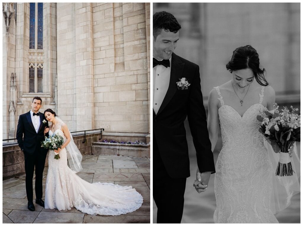 bride and groom at cathedral of learning